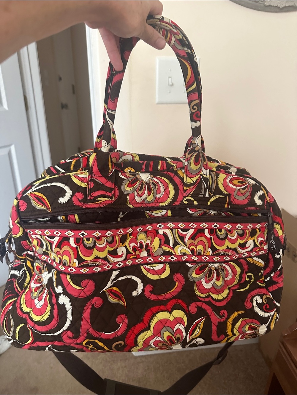 Vera Bradley Brown Quilted Travel Tote with Pink & Yellow Floral Print